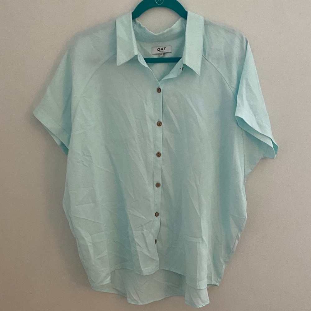 OAT New York Baby Blue Cocoon Relaxed Button Down Short Sleeve Collared Top XL